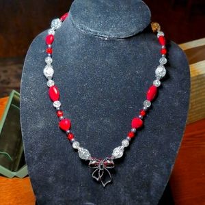 Crackle Bead Glass Beaded Necklace with Hearts and Rhinestone Black Bow